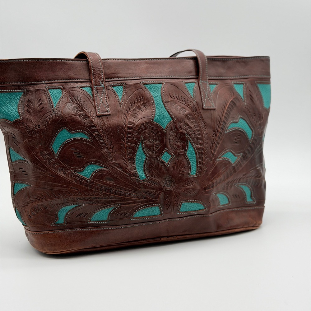Vintage Western Tooled Leather Tote Bag Brown Turquoise Inlay Floral Cowgirl